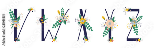 Сollection with 5 letter of floral alphabet - v, w, x, y, z. Spring and summer alphabet decorated with bouquets of flowers. Hand drawn isolated vector illustration