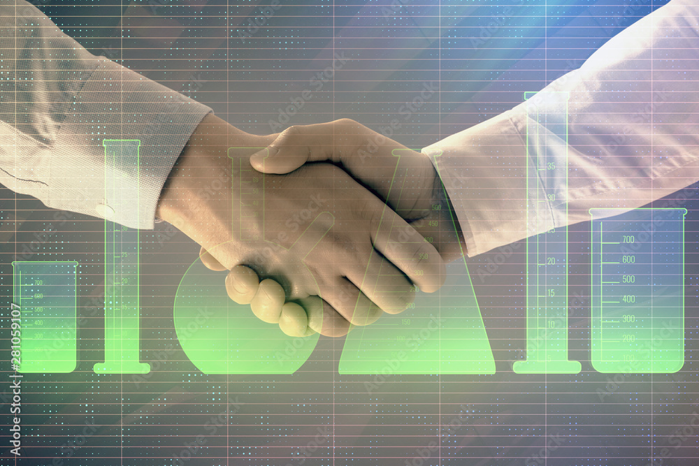 Multi exposure of lab flasks hologram on abstract background with two men handshake. Concept of education Multi exposure of lab flasks hologram on abstract background with two men handshake. Concept of education