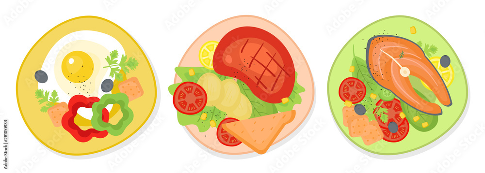 Fototapeta premium Set of delicious breakfast, ginner and supper on the plate. Doodle color illustration of food for the day