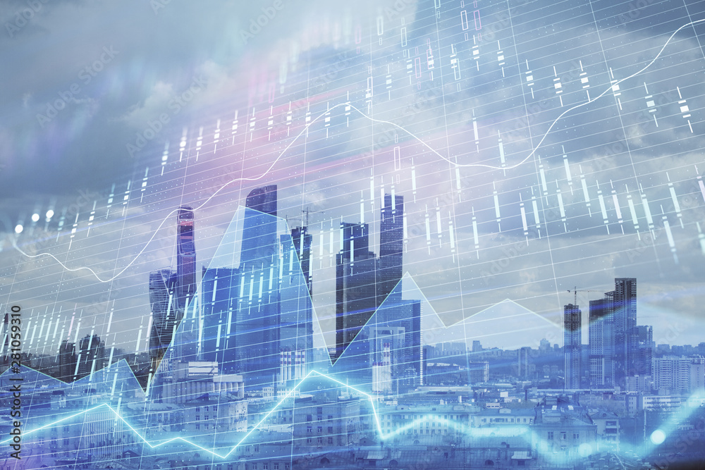 Double exposure of financial graph on downtown veiw background. Concept of stock market research and analysis Double exposure of financial graph on downtown veiw background. Concept of stock market research and analysis