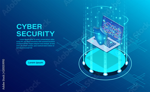 Cyber security concept banner with businessman protect data and confidentiality and data privacy protection concept with icon of a shield and lock. flat isometric vector illustration