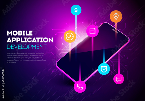 Vector Illustration Mobile App Development. Mobile Smartphone With Layout Of Application