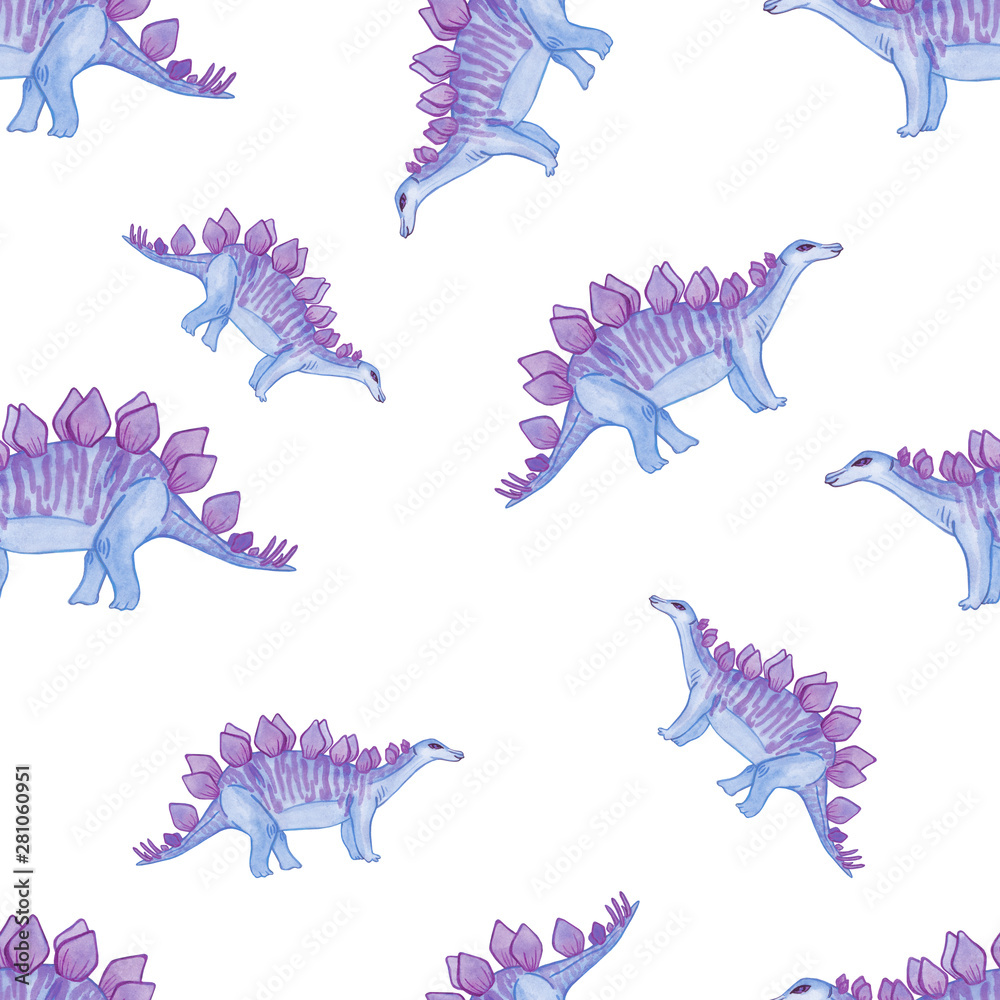 Fototapeta premium Watercolor childish seamless pattern with purple dinosaurs . Cartoon stegosaurus