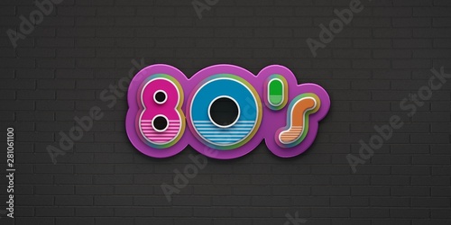 80s Party on black brick wall banner. 3D Render Illustration