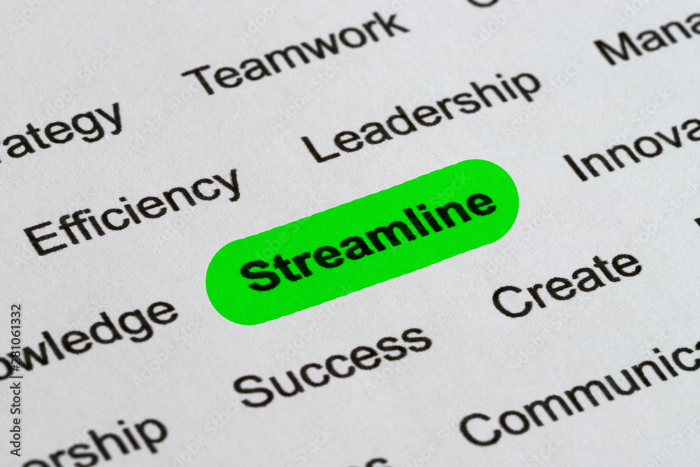 Streamline - Business Buzzwords, printed on white paper and highlighted Streamline - Business Buzzwords, printed on white paper and highlighted
