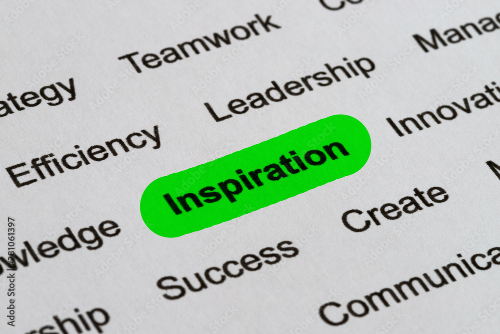 Inspiration - Business Buzzwords, printed on white paper and highlighted Inspiration - Business Buzzwords, printed on white paper and highlighted