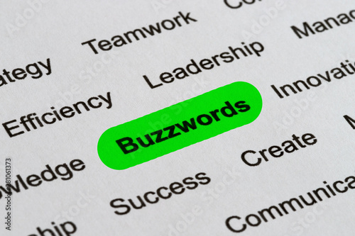 Business Buzzwords, printed on white paper and highlighted