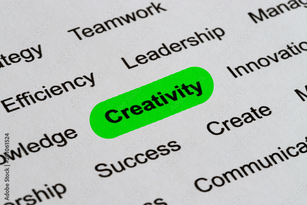 Fototapeta premium Creativity - Business Buzzwords, printed on white paper and highlighted