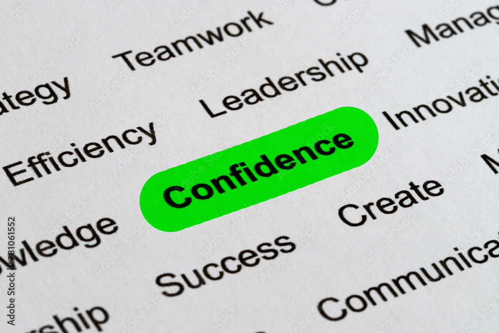 Confidence - Business Buzzwords, printed on white paper and highlighted Confidence - Business Buzzwords, printed on white paper and highlighted