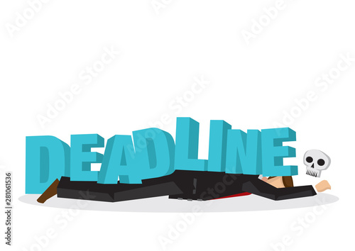 Businessman attacks, fall and collapse by giant lettering “deadline”. Concept of project crisis, corporate sabotage or company misfortune.