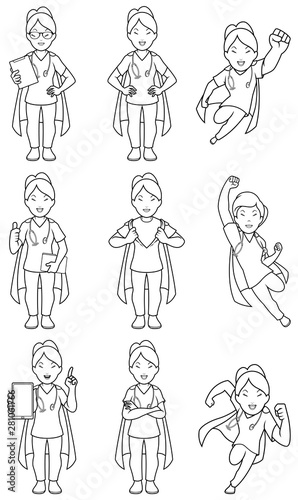 Super Nurse Asian Female Line Art