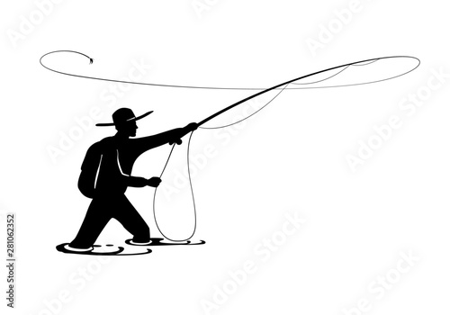 Fisherman in action. Guy is throwing spoon of fly rod in water and holding part of it in hand.