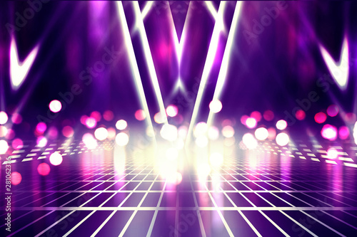 Empty background scene. Ultraviolet light, bokeh, blurred rays. Rays of neon light in the dark, neon figures, smoke. Background of empty stage show. Abstract dark background.