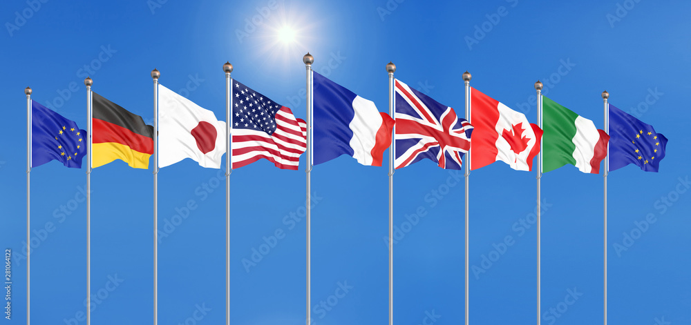 45th G7 summit , August 24–26, 2019 in Biarritz, Nouvelle-Aquitaine, France. 7 flags of countries of Group of Seven - Canada, France, Japan, Germany, Italy, USA , United Kingdom. 3D illustration. 45th G7 summit , August 24–26, 2019 in Biarritz, Nouvelle-Aquitaine, France. 7 flags of countries of Group of Seven - Canada, France, Japan, Germany, Italy, USA , United Kingdom. 3D illustration.