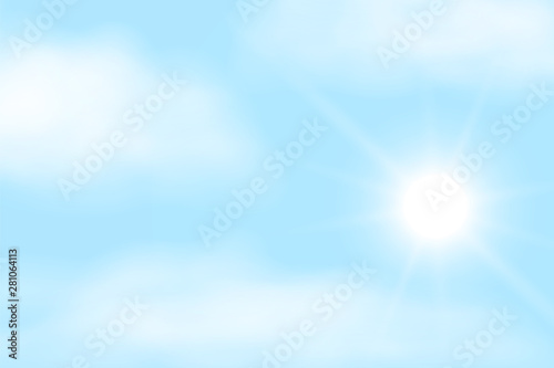 Realistic illustration of blue sky with white clouds and space for text. Shining sun with sunbeam, vector