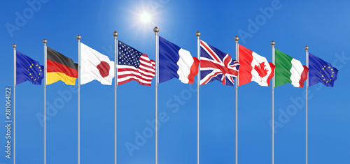 45th G7 summit , August 24–26, 2019 in Biarritz, Nouvelle-Aquitaine, France. 7  flags of countries of Group of Seven - Canada, France, Japan, Germany, Italy, USA , United Kingdom. 3D illustration.