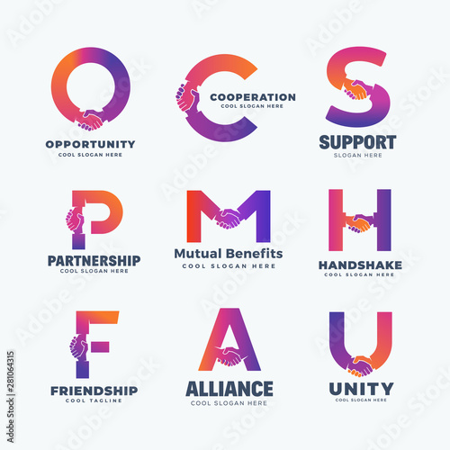 Handshake Letters Abstract Vector Sign, Symbol or Logo Templates Set. A Collection of Hand Shake Icon Incorporated in Letters Cooperation Concepts.