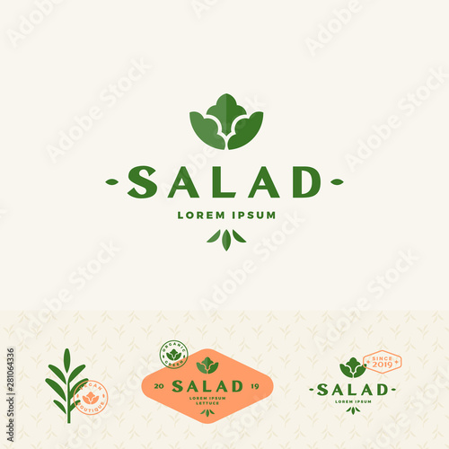 Salad Lorem Boutique Abstract Vector Sign, Symbol or Logo Templates Set. Premium Lettuce Vegetable or Green Food Emblems with Modern Typography, Decorative Elements and Background Pattern.