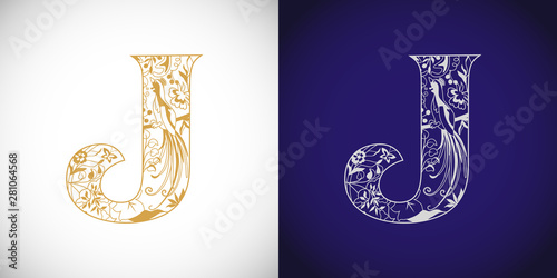 J logotype. Cutting golden logo. J-name idea. Concept of capital letter J in ethnical vip style. Isolated abstract graphic design template. Decorative symbol, royal fairy bird, grape. Brand identity.