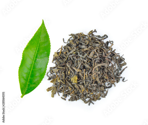 dried green tea leaf on white background