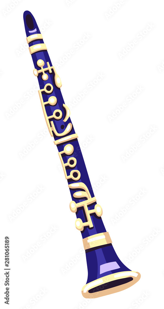Obraz premium Flat vector illustration of a clarinet. Blue and golden colors