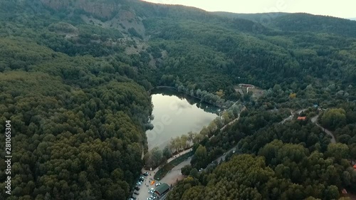 heart shaped lake and forest drone