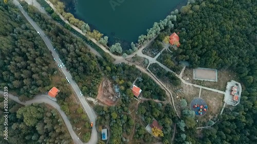 heart shaped lake and forest drone