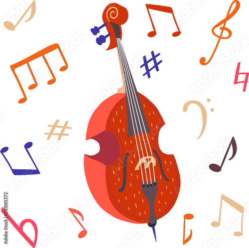 Flat vector illustration of a double bass / contrabass with musical symbols. Warm colors