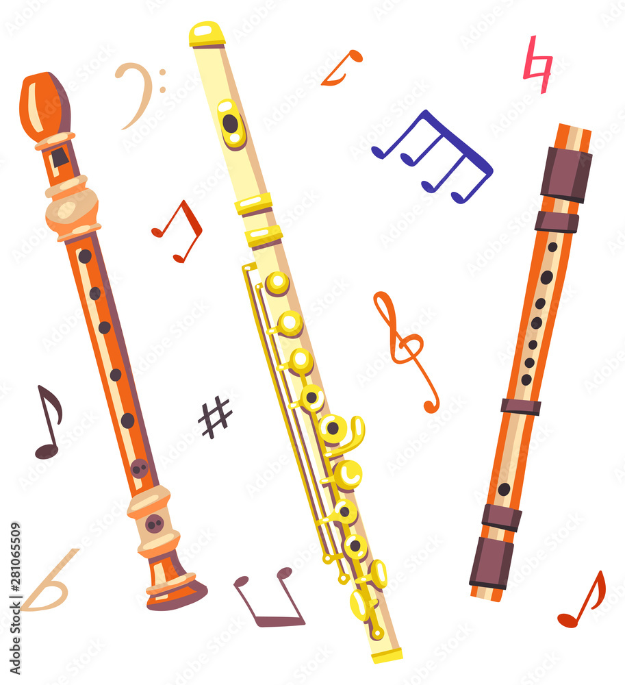 Flat vector illustration of flutes with musical symbols. Warm colors
