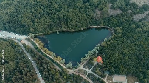 heart shaped lake and forest drone