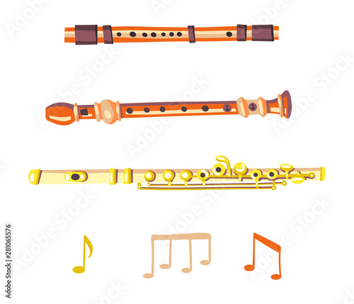 Flat vector illustration of flutes with musical symbols. Warm colors