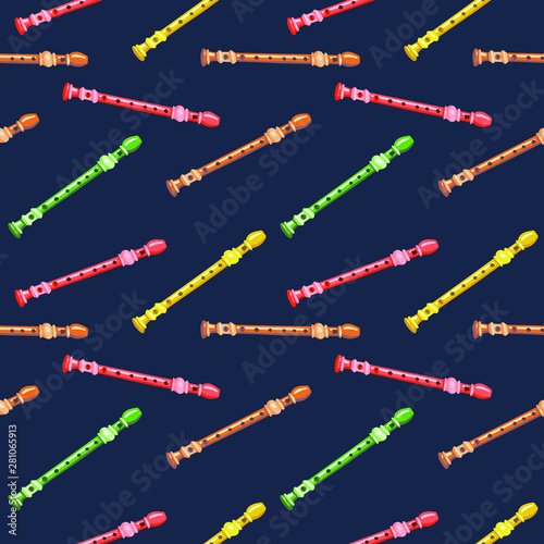 Vector seamless pattern with multi-colored recorder flutes. Classical musical instruments. Bright colors, dark background. Isolated objects. 