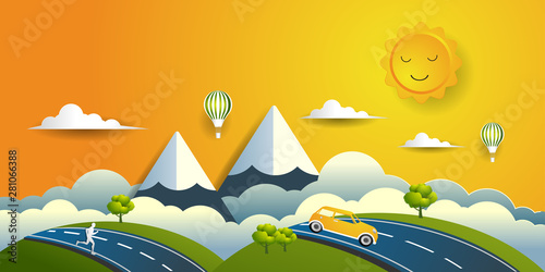 Paper art of Panorama landscape and car moving along the road on mountain in spring time, Flat and digital craft style vector illustration.