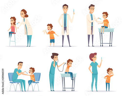 Kids vaccinating. Doctor gives injection to childrens medical healthcare vector concept cartoon illustrations. Injection for healthcare, medical immunization