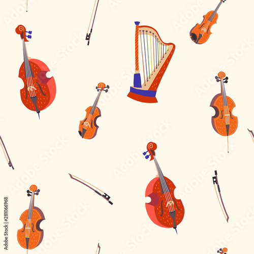 Vector seamless pattern with violin, bow, alto, cello, double bass, harp. Classical musical instruments. Warm colors. Isolated objects. 