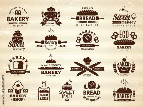 Bakery labels. Pastry and cupcakes cafe icons kitchen food bakery products vector illustrations. Bakery food emblem, product bake emblem shop