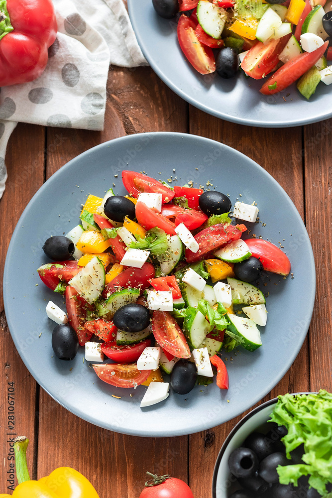 Greek salad with fresh tomatoes, peppers and cucumbers