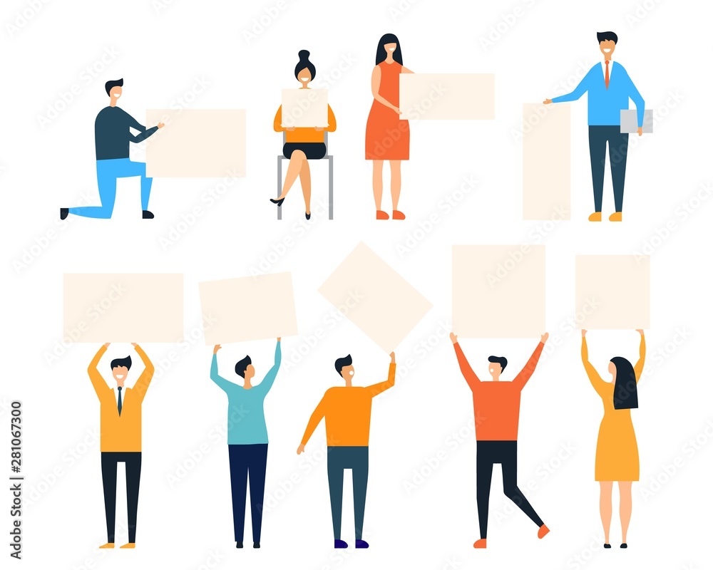 People holding placards vector illustration. Man and woman with clean ...