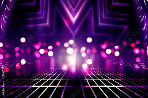 Empty background scene. Ultraviolet light  bokeh  blurred rays. Rays of neon light in the dark  neon figures  smoke. Background of empty stage show. Abstract dark background.