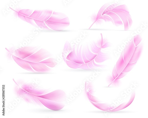 Pink feathers. Bird or angel feather, birds plumage. Flying fluff, falling fluffy twirled flamingo feathers. Realistic 3d vector set