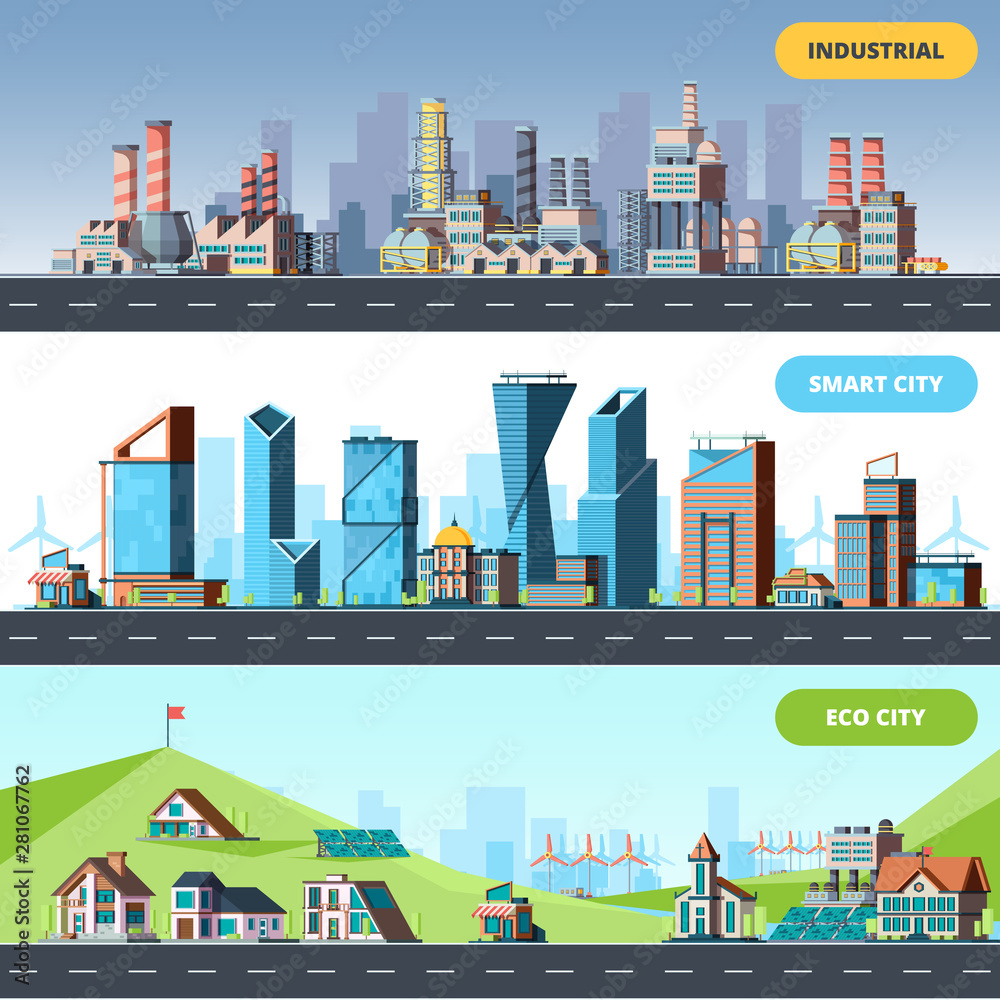 Town flat. Ecology industrial smart city architectural objects different buildings factory vector horizontal illustrations. Skyline smart town, skyscraper building economic