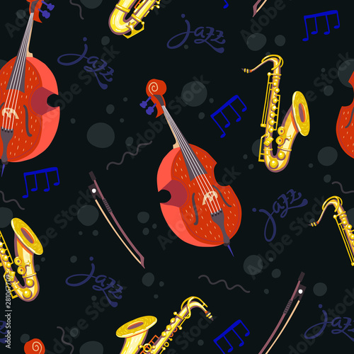 Vector seamless pattern with double bass (contrabass) and saxophones. Classical musical instruments. Warm and golden colors. Jazz lettering. Dark background. Isolated objects. 