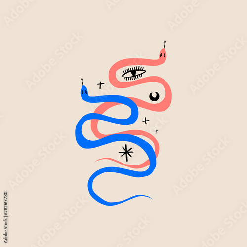 Handdrawn snake. Isolated tropical reptile modern abstract art. Vector photo