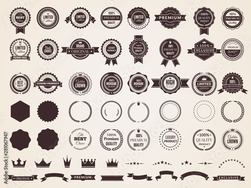 Vintage badges. Emblem premium luxury logo in retro style arrows frames vector template badges collection. Emblem and badge vintage, decoration logotype parts illustration