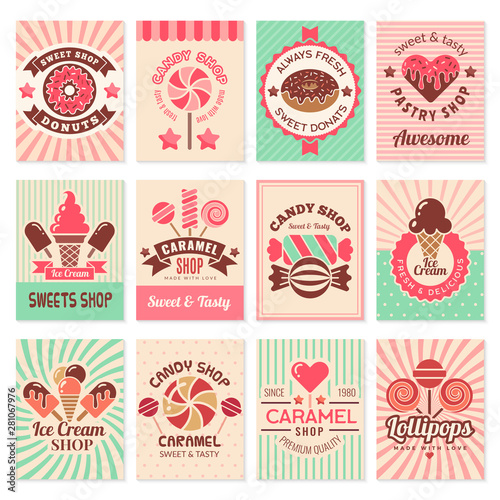 Candy shop cards. Sweet food desserts confectionary symbols for restaurant menu vector flyer collection. Confectionery banner shop, candy dessert, sweet caramel illustration