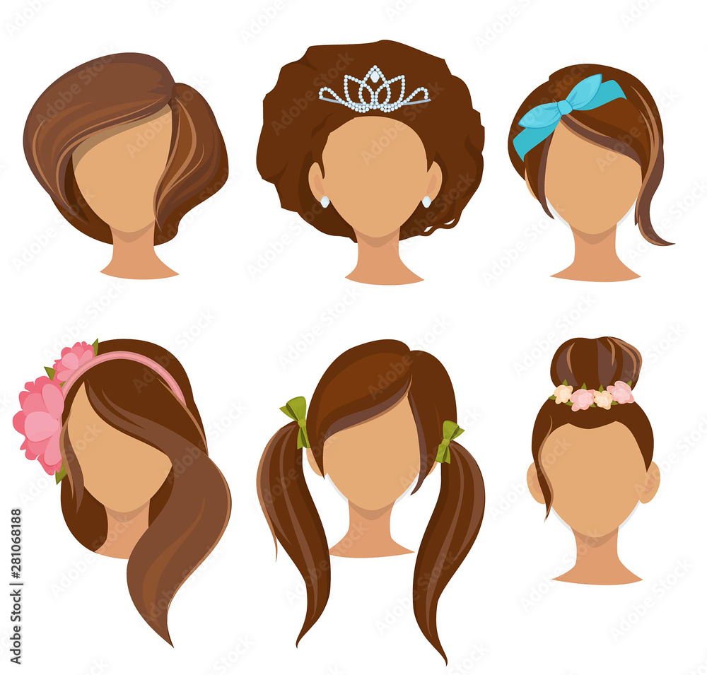 Woman hairstyles. Young girls stylish hair items hoops bows elastic bands  clips vector pictures collection. Illustration of hairstyle female, girl  fashion Stock Vector | Adobe Stock