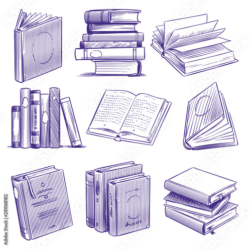 Sketch books. Vintage hand drawing pile of book. Library literature education symbols, sketch engraving notebooks vector set