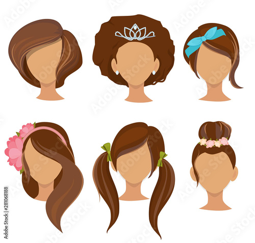 Woman hairstyles. Young girls stylish hair items hoops bows elastic bands clips vector pictures collection. Illustration of hairstyle female, girl fashion