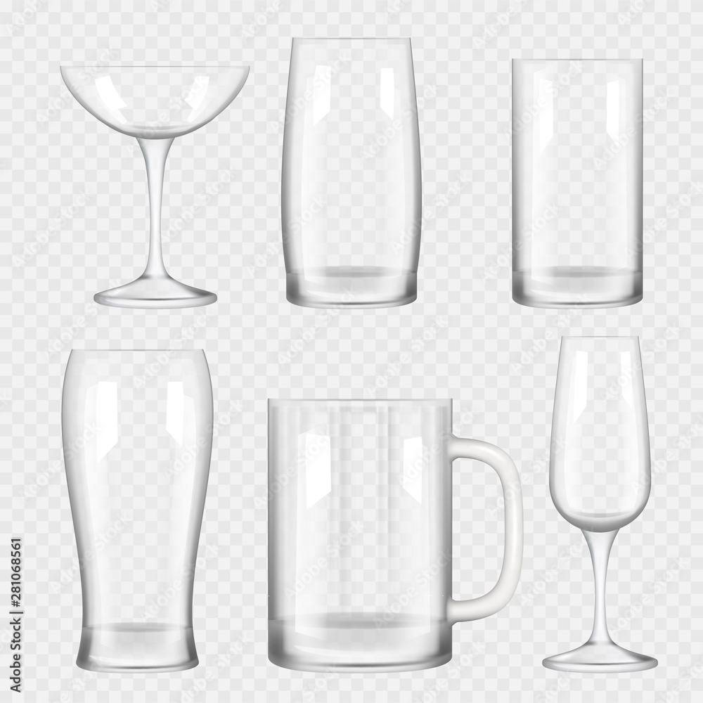 Transparent glass cup. Empty champagne cocktail bar drinks realistic