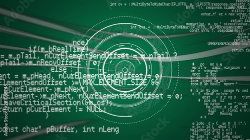 Rotating white rings over a green background with coding and data in white etxt photo